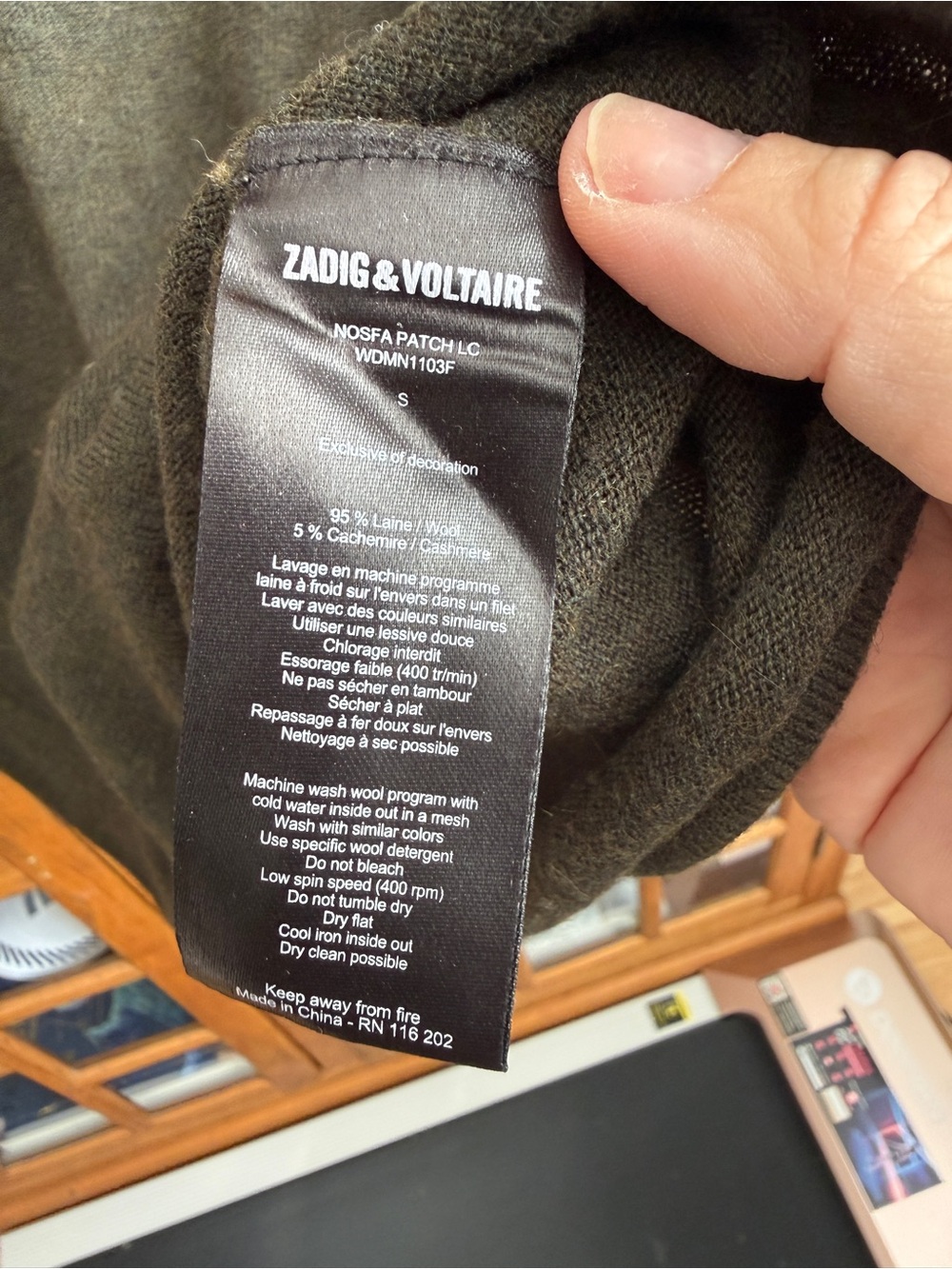 Zadig & Voltaire Cashmere/Wool Olive V-Neck Sweater with Sequin Elbows - S - Picture 4 of 7